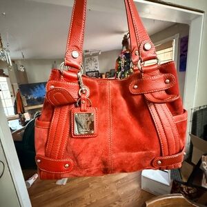 Tignanello Red Suede and Leather Shoulder Bag